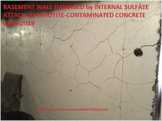 Basement wall cracking ascribed to an internal sulfate attck, pyrrhotite-contaminated concrete in a Connecticut home in the U.S. - Geiss 2019 cited in detail in this article