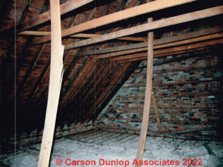 Posts helping support a roof are under-sized and over-loaded and have bent, then broken (C) Carson Dunlop Associates at InspectApedia.com