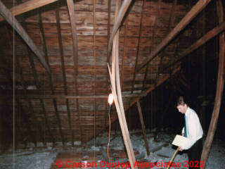 Posts helping support a roof are under-sized and over-loaded and have bent, then broken (C) Carson Dunlop Associates at InspectApedia.com