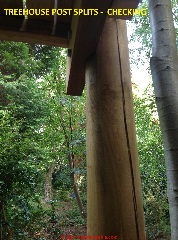 Splits and normal checking in a tree house support post might merit through-bolting for safety (C) Inspectapedia.com NOrbert