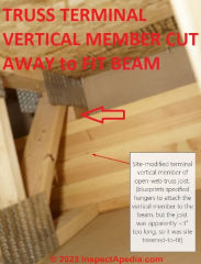 Truss vertical member cut away to fit beam (C) InspectApedia.com CB