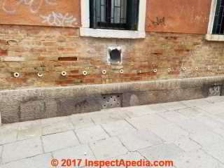 Brick wall drainage in Venice Italy © Daniel Friedman at InspectApedia.com