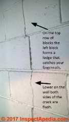 Vertical crack in a concrete block wall: cause & repair? (C) InspectApedia.com JSA