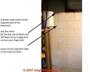 Vertical crack in a concrete block wall: cause & repair? (C) InspectApedia.com JSA