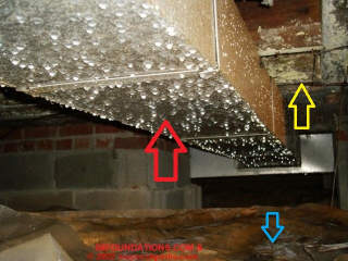 Condensation on HVAC ductwork in a wet crawl space (C) InspectApedia.com & '58foundations.com 