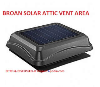 Broan solar powerd attic vent fan cited & discussed at InspectApedia.com