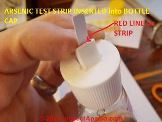 Arsenic in water test showing test strip being inserted into the white reagent bottle cap (C) Daniel Friedman at InspectApedia.com