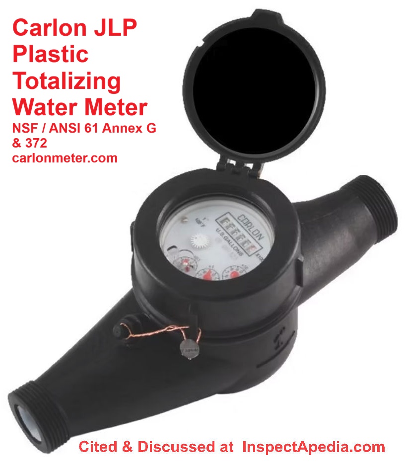 Carlon JLP plastic water meter - totalizer - cited & discussed at InspectApedia.com