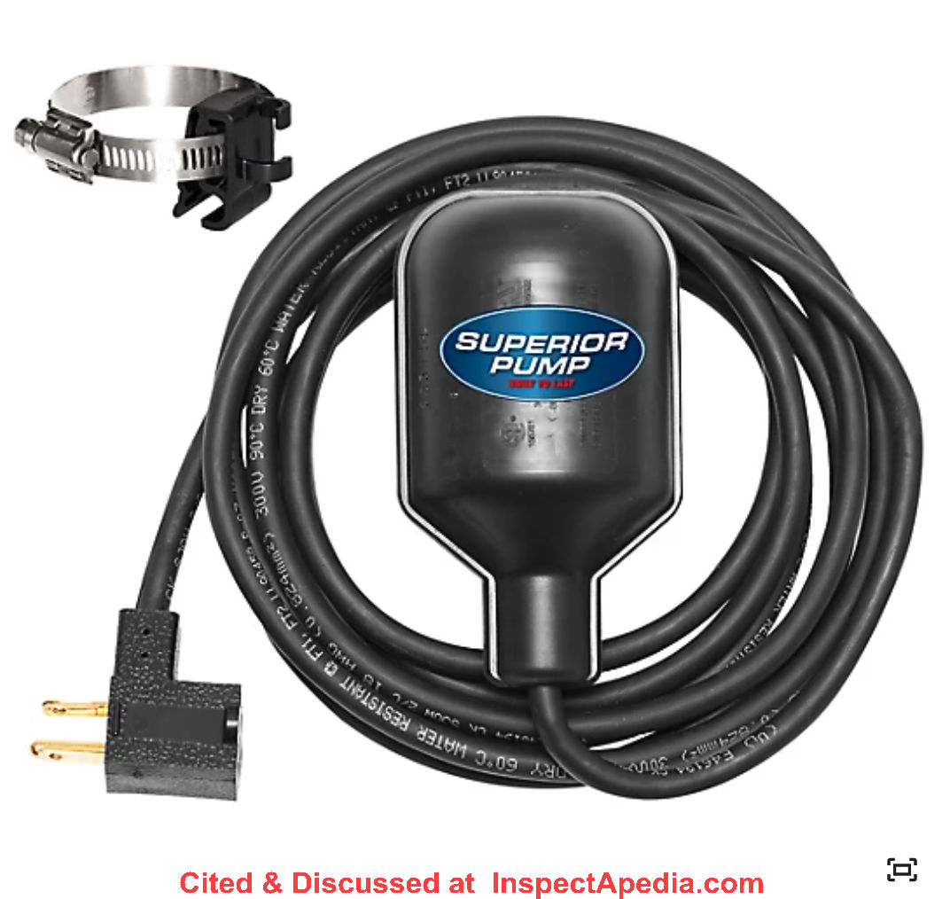 Superior float switch can turn a water pump on and off when pumping out of a water tank - cited & discussed at InspectApedia.com