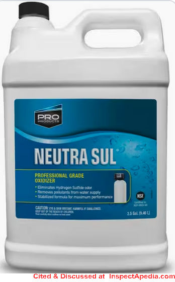 Neutra Sul hydrogen peroxide solution used to treat hudrogen sulfide odors in water, cited & discussed at InspectApedia.com