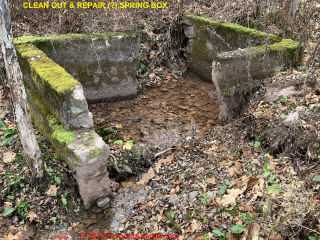 Procedure to repair an old spring & route its flow to a pond (C) InspectApedia.com Phillips