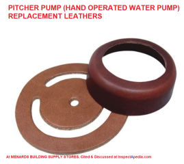 Replacement leathers for hand operated water well pump, or Pitcher Pump, as sold at Menards, cited & discussed at InspectApedia.com