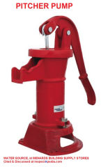 Pitcher pump, hand operate water pump, sold at Menards, manufactured by Water Source, cited & discussed at InspectApedia.com