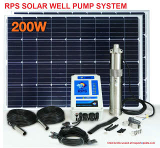 RPS Solar well pump, 200 Watt, from rpssolarpumps.com cited & discussed at InspectApedia.com