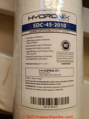 Water filter cartridge to be replaced - this is the label on the replacement unit (C) Daniel Friedman at InspectApedia.com