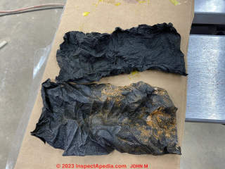 Fabric covering water filter found clogging cold water line (C) InspectApedia.com John M