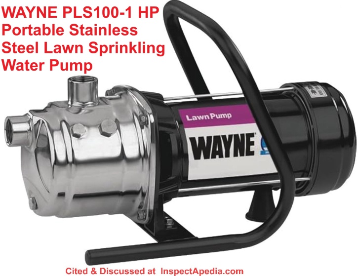 Wayne PLS 100 sprinkler pump cited & discussed at InspectApedia.com