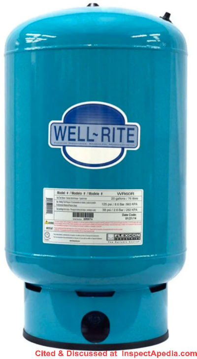 Well-Rite 60-R watert pressure tank from Flexcon, 20 gallon - cited & discussed at InspectApedia.com